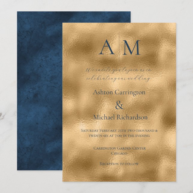 Blue Ecru Gold Monogram Modern Wedding Einladung (Vorne/Hinten)