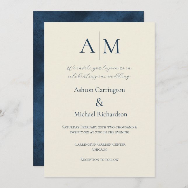 Blue Ecru Monogram Modern Wedding Einladung (Vorne/Hinten)