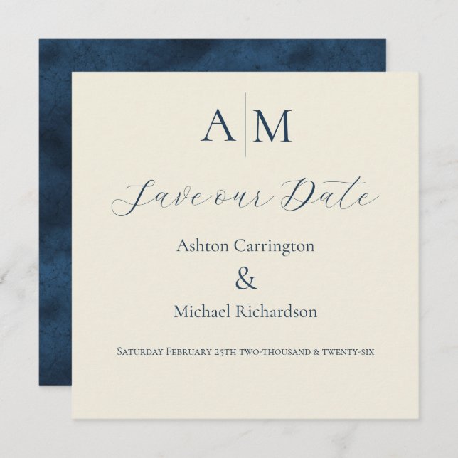 Blue Ecru Monogram Modern Wedding Save The Date (Vorne/Hinten)