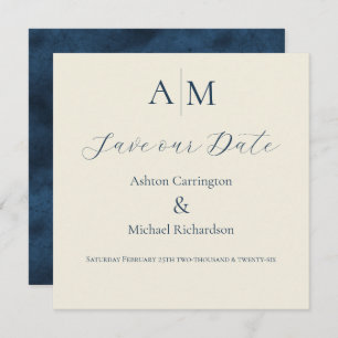 Blue Ecru Monogram Modern Wedding Save The Date