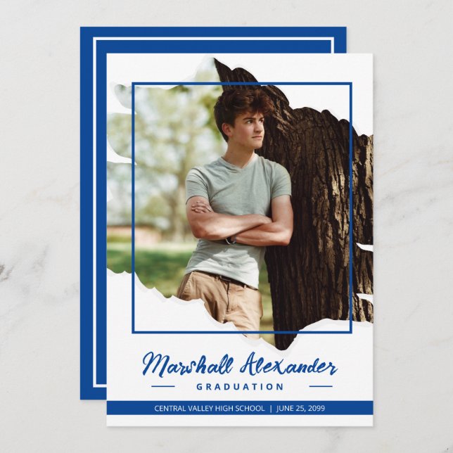 Blue Edgy Abstrakt Torn Foto Abschluss Einladung (Vorne/Hinten)