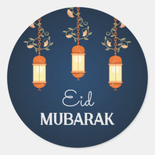 Blue Eid Mubarak Floral Lantern Islamisch Runder Aufkleber