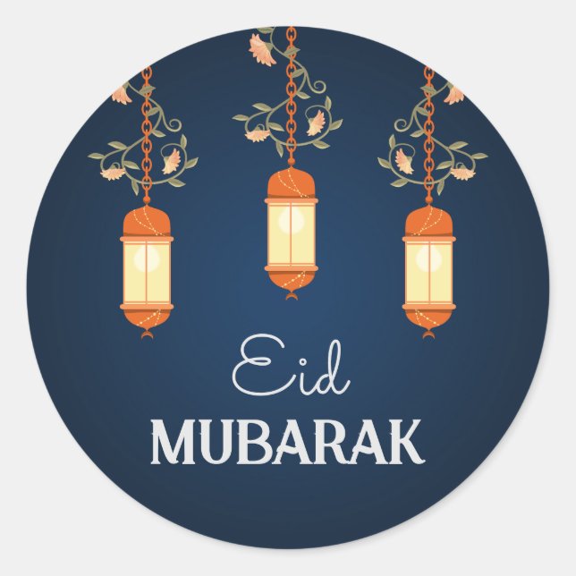 Blue Eid Mubarak Floral Lantern Islamisch Runder Aufkleber (Vorderseite)