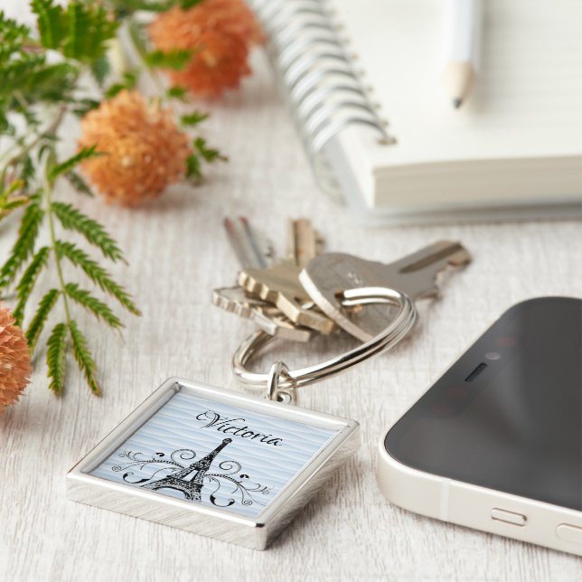 Blue Eiffel Tower Blüh Square Schlüsselanhänger (Seite)