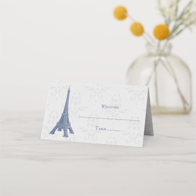 Blue Eiffel Tower Damask Empfang Platzkarte (Vorderseite)