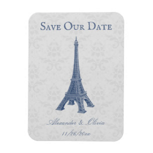Blue Eiffel Tower Damask Speichern das Date Magnet