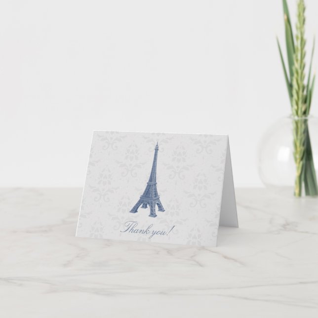 Blue Eiffel Tower Damask Wedding danke Karten (Vorderseite)