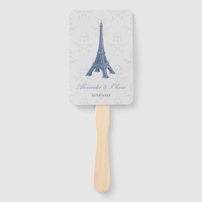 Blue Eiffel Tower Damask Wedding Favor Hand Fan Fächer (Vorderseite)
