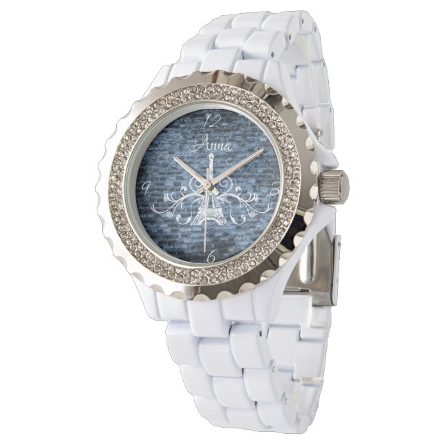 Blue Eiffel Tower Grunge Watch Armbanduhr (Schrägansicht)