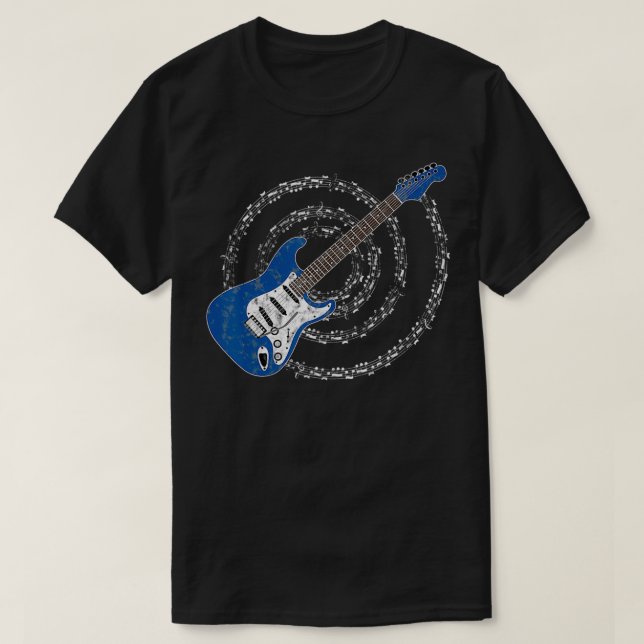 Blue Electric Guitar Spiraling Musical Notes  T-Shirt (Design vorne)