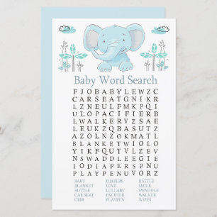 Blue Elefant Baby Shower Word Search Game