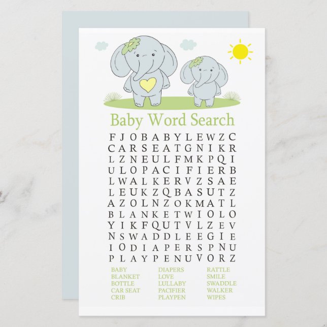 Blue Elefant Baby Shower Word Search Game (Vorne/Hinten)