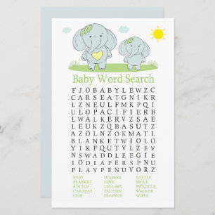 Blue Elefant Baby Shower Word Search Game