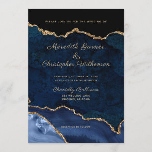 Blue Elegance Gold Glitzer Agate Wedding Einladung