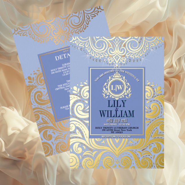 Blue Elegant Artdeco Diamond Monogram Wedding Gold Folieneinladung (Luxurious Elegant Classic Boho Wedding Invitation - Real Foil and Monogram)
