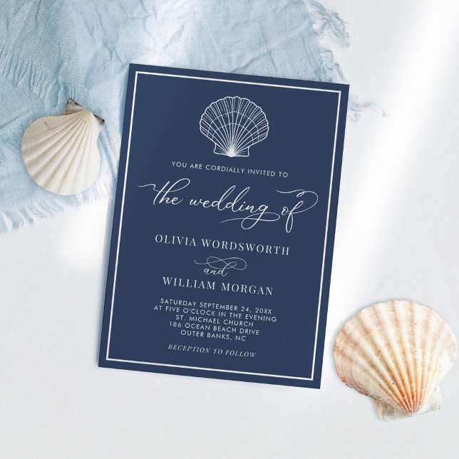 Blue Elegant Beach Seashell Wedding Einladung (Von Creator hochgeladen)