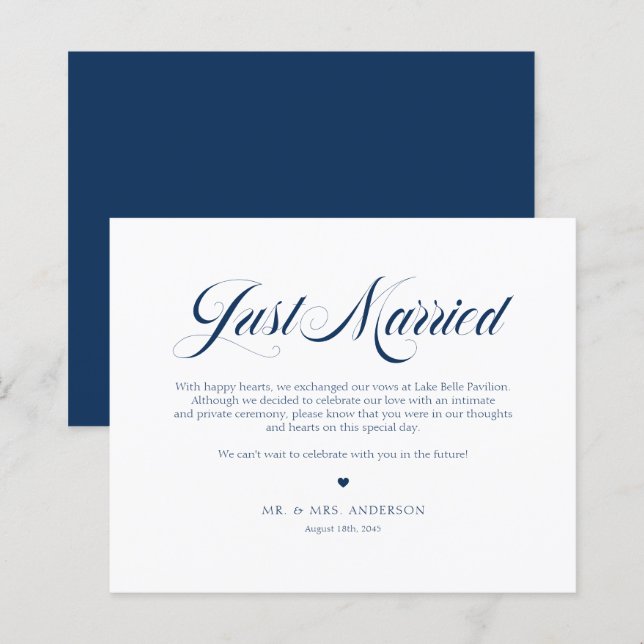 Blue Elegant Bold Calligraphy Just Married Card (Vorne/Hinten)