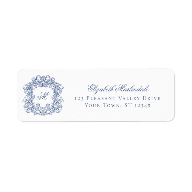 Blue Elegant Crest Monogram Wedding Return Address (Vorne)