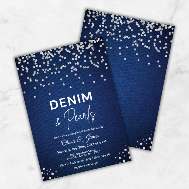 Blue Elegant Denim and Pearls Couple's Dusche Einladung (Blue Elegant Denim and Pearls Couple's Shower Invitation     )