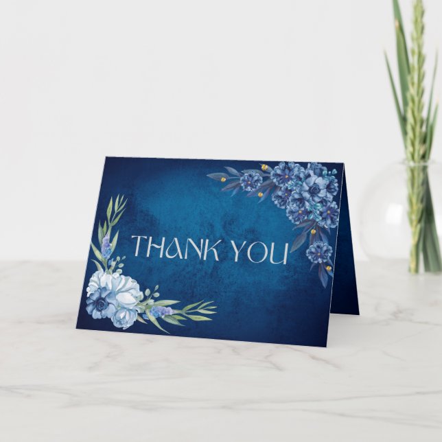 Blue Elegant floral summer wedding Dankeskarte (Vorderseite)