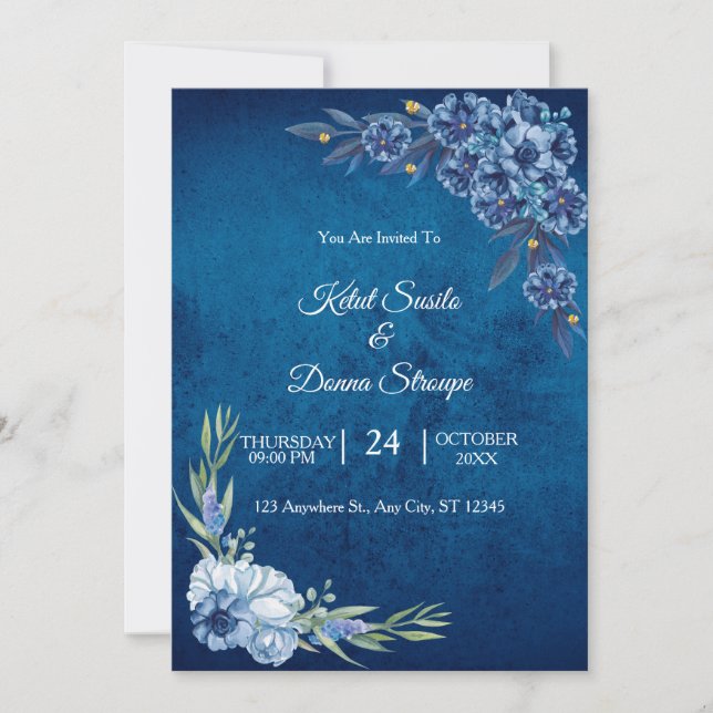 Blue Elegant floral summer wedding Einladung (Vorderseite)