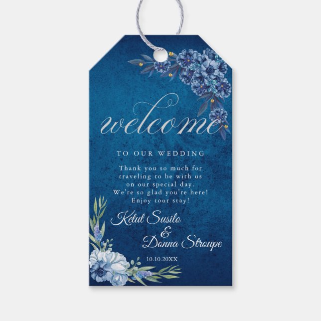 Blue Elegant floral summer wedding Geschenkanhänger (Vorderseite)