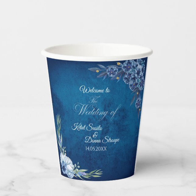 Blue Elegant floral summer wedding Pappbecher (Vorderseite)