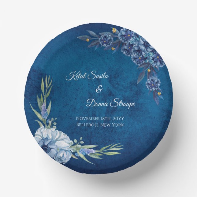 Blue Elegant floral summer wedding Pappteller (Vorderseite)