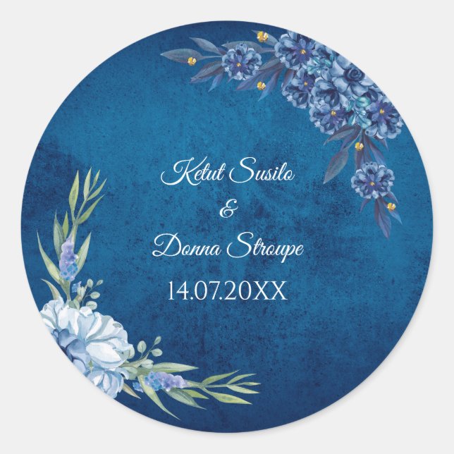 Blue Elegant floral summer wedding Runder Aufkleber (Vorderseite)