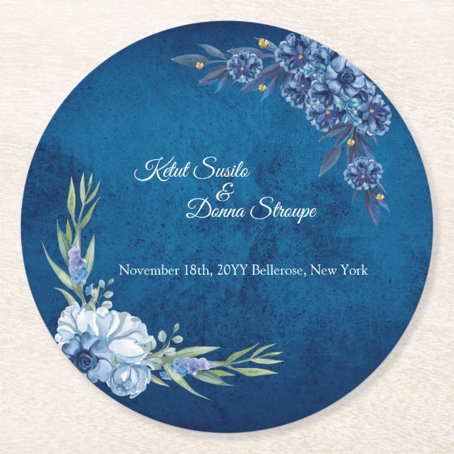 Blue Elegant floral summer wedding Runder Pappuntersetzer (Vorderseite)