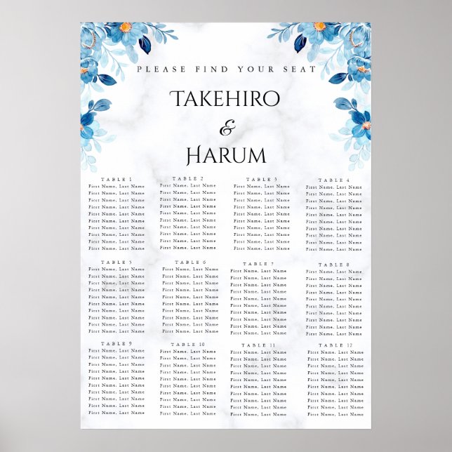 Blue Elegant flower summer wedding seating chart  Poster (Vorne)