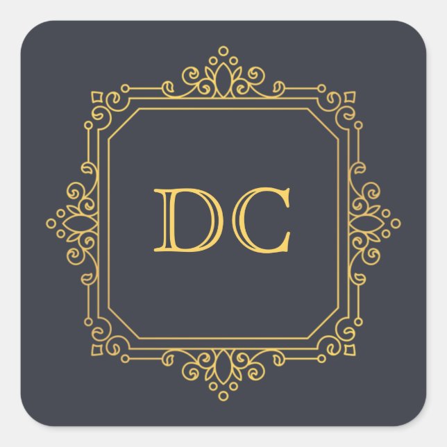 Blue Elegant Gold Design Monogram Quadratischer Aufkleber (Vorderseite)