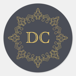 Blue Elegant Gold Design Monogram Runder Aufkleber