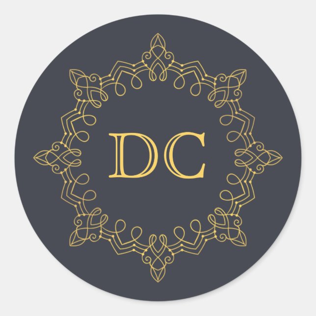 Blue Elegant Gold Design Monogram Runder Aufkleber (Vorderseite)