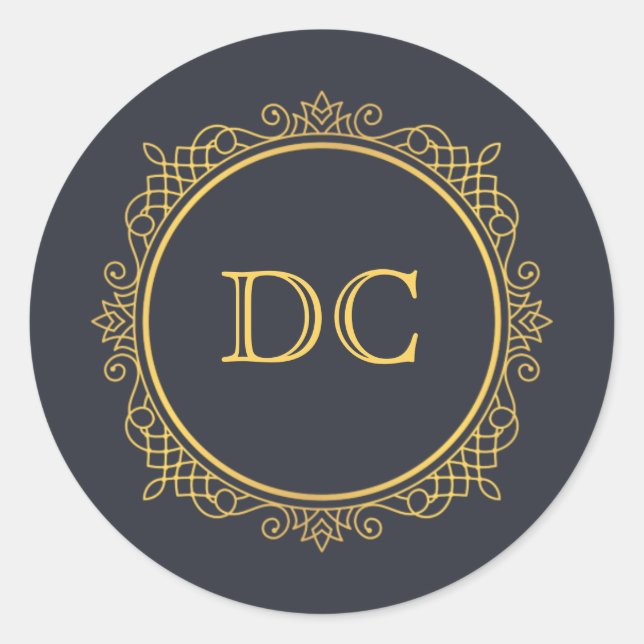 Blue Elegant Gold Design Monogram Runder Aufkleber (Vorderseite)