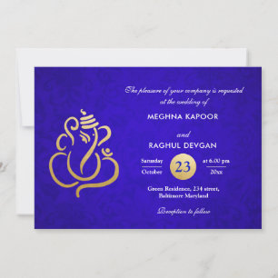 Blue Elegant Gold Foil Ganesha Indian Damask  Einladung