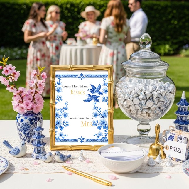 Blue Elegant Guess How Many Kisses sign Einladung (Blue Elegant Guess How Many Kisses sign)