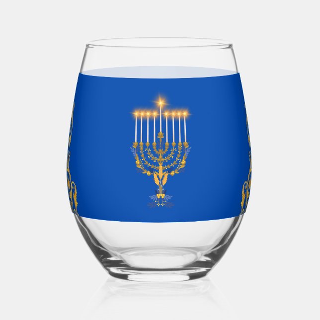 Blue Elegant Hanukkah Golden Menorah  Weinglas Ohne Stiel (Vorderseite)