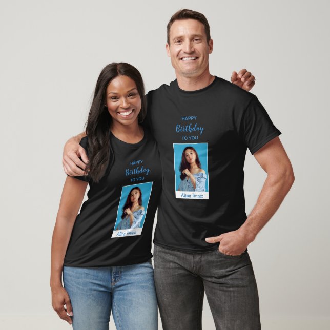 Blue Elegant Happy Birthday Foto T - Shirt (Unisex)