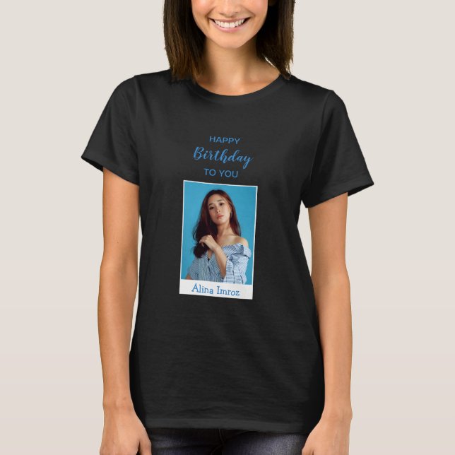 Blue Elegant Happy Birthday Foto T - Shirt (Vorderseite)
