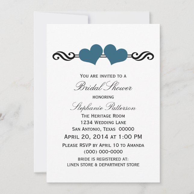 Blue Elegant Hearts Brautparty Einladung (Vorderseite)