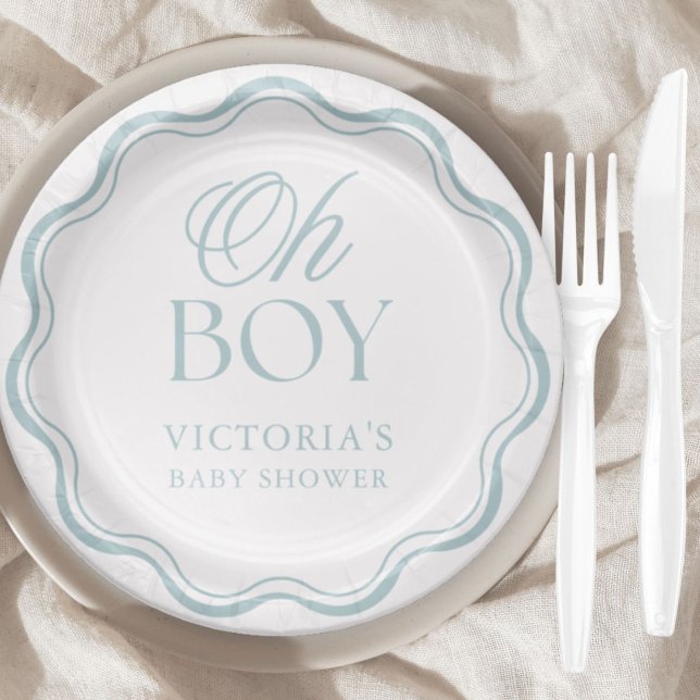 Blue Elegant Minimal Oh Boy Baby Shower Pappteller (Von Creator hochgeladen)