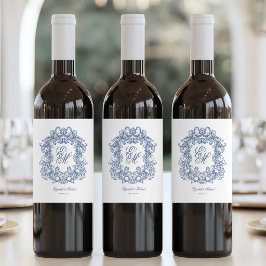 Blue Elegant Monogram Crest Vintage Wedding Weinetikett