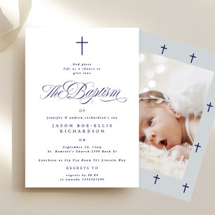Blue Elegant Navy Cross Boy Foto Taufe einladen Einladung