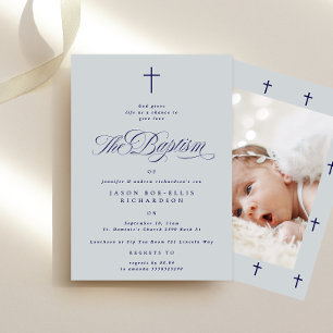 Blue Elegant Navy Cross Boy Foto Taufe Einladung