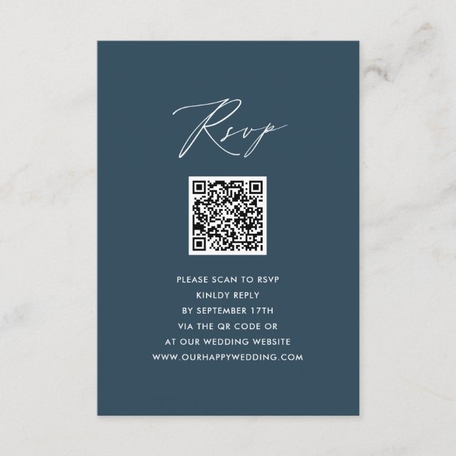 Blue Elegant Script Minimalistisch QR Wedding RSVP Begleitkarte (Vorderseite)