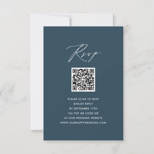 Blue Elegant Script Minimalistisch QR Wedding RSVP Karte (Vorderseite)