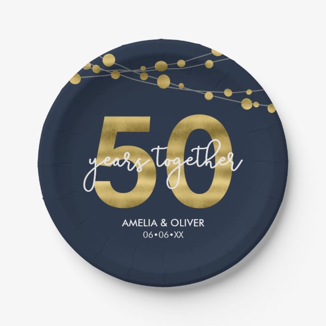 Blue Elegant Strings of Lights 50 Jahre Pappteller (Vorderseite)