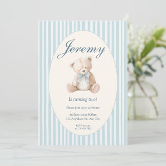 Blue Elegant Teddy Bear Baby's First Birthday Invi Einladung