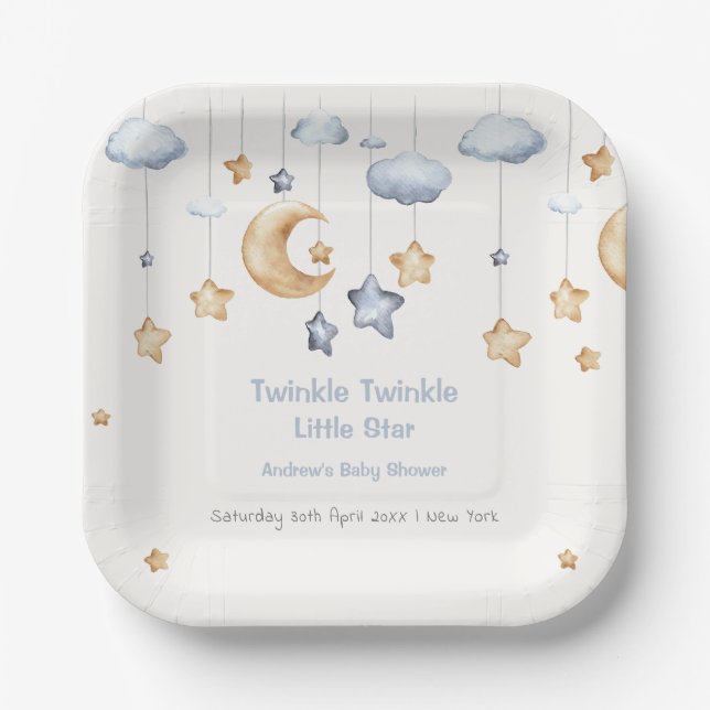 Blue Elegant Twinkle Twinkle Baby Dusche Pappteller (Vorderseite)